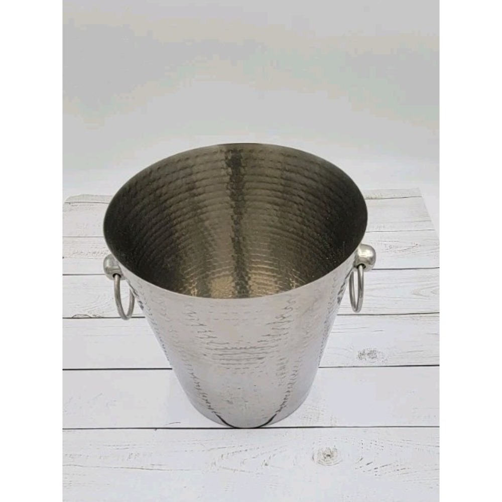 Viski Admiral Hammered Ice Bucket Silver Metal with Ring Handles - Picture 4 of 9